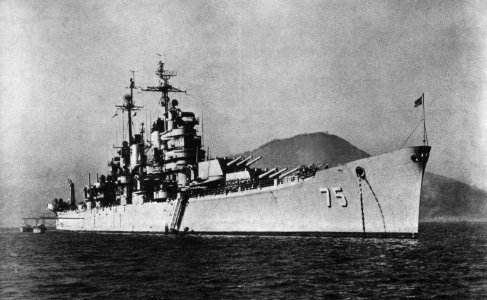 USS Helena (CA-75) at anchor in 1954