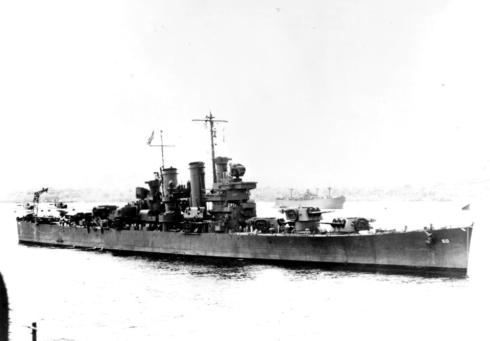 USS Helena (CL-50) at a South Pacific base, circa in 1943 (NH 95814)