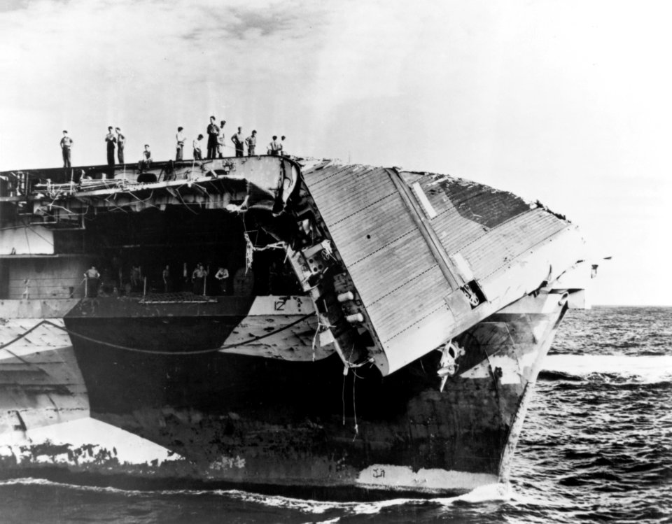 USS Hornet (CV-12) damaged flight deck 1945