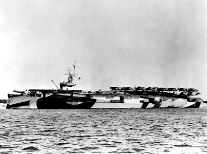 USS Hoggatt Bay (CVE-75) at anchor, circa in 1945 (UA 571.23)