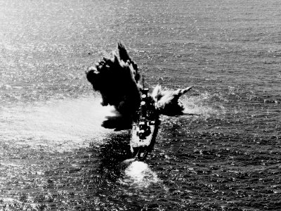 USS Howorth (DD-592) being expended as a target off San Clemente Island on 8 March 1962 (USN 1059935)