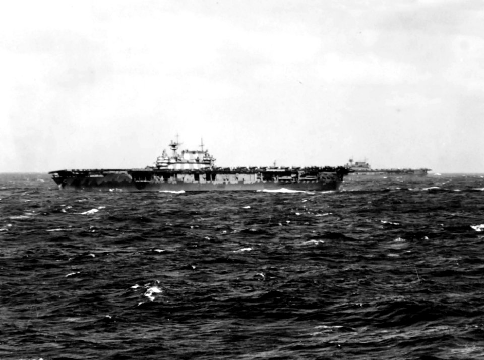 USS Hornet (CV-8) and USS Enterprise (CV-6) underway at sea in April 1942 (80-G-324201)