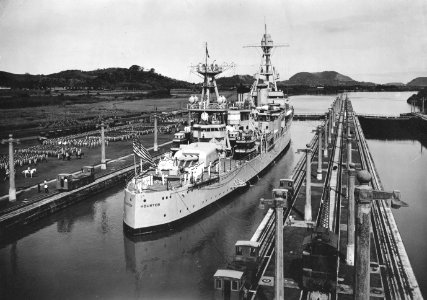 USS Houston (CA-30) in Panama Canal lock in the 1930s