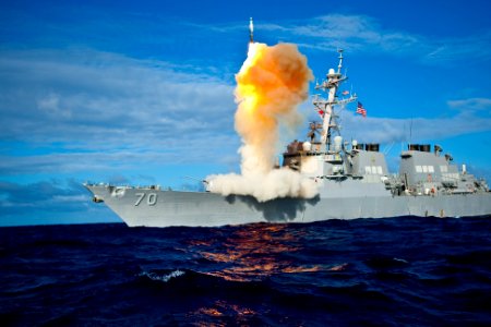 USS Hopper (DDG 70) launches a Standard Missile-3