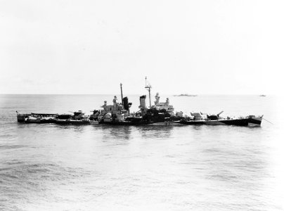 USS Houston (CL-81) under tow on 17 October 1944