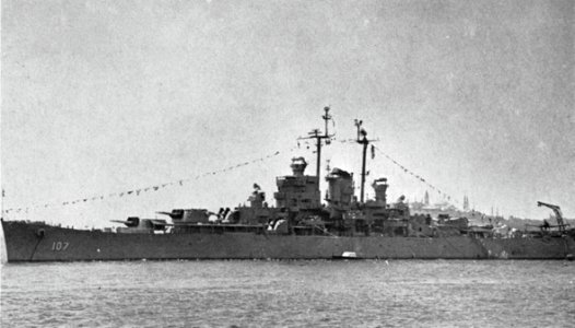 USS Huntington (CL-107) at anchor in Istanbul, Turkey on 4 July 1948