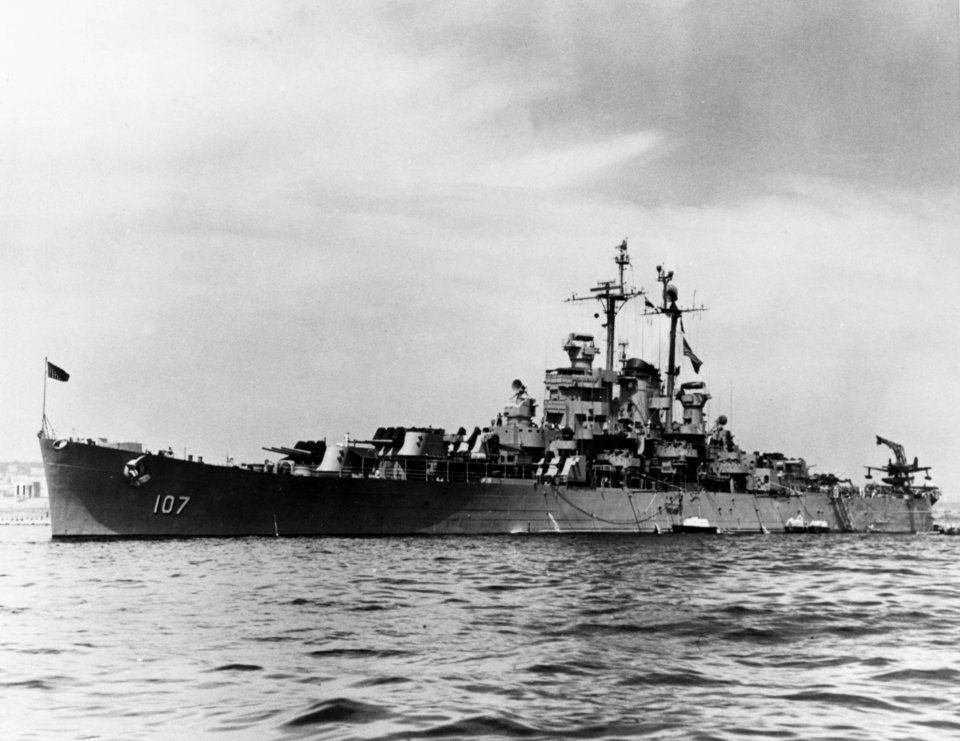 USS Huntington (CL-107) at Naples, Italy, circa in August 1948 (NH 93200)