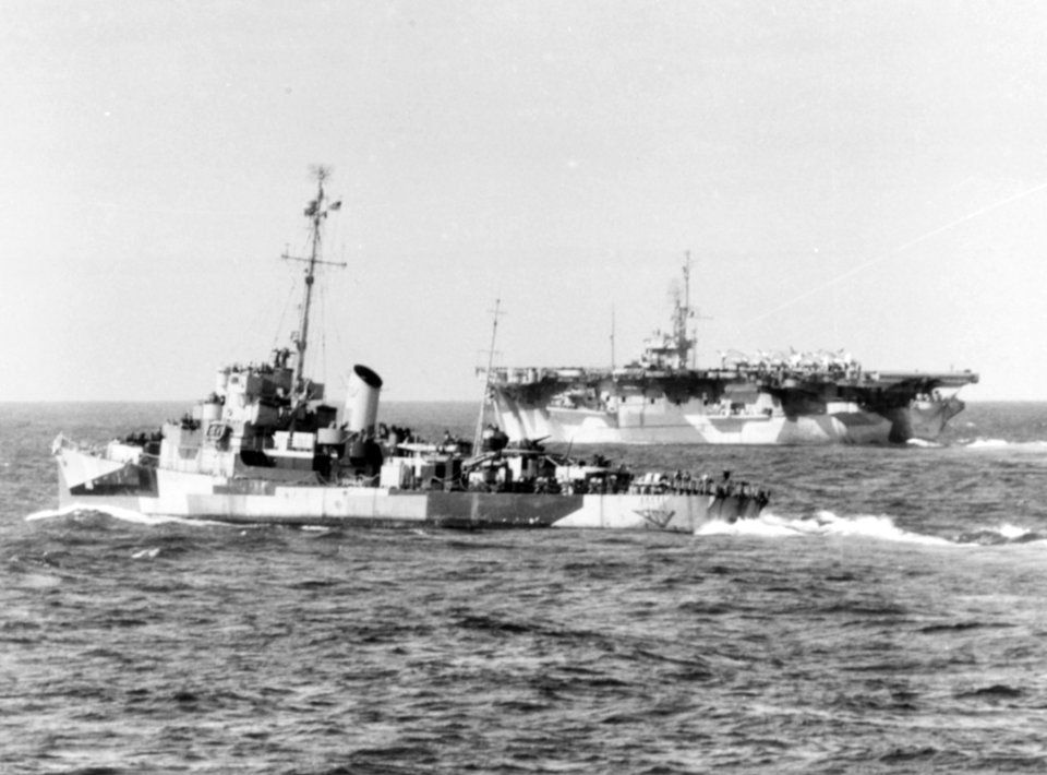 USS Huse (DE-145) operating with an escort carrier in the Atlantic Ocean, 12 December 1944 (80-G-350736)