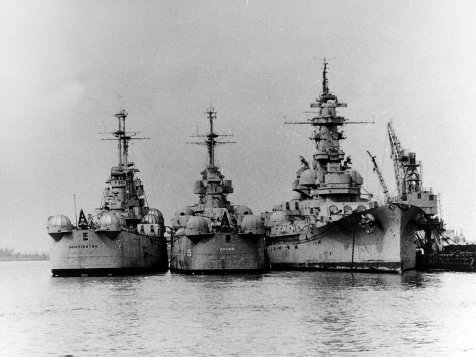 USS Huntington (CL-107), USS Dayton (CL-105) and USS South Dakota (BB-57) laid up at Philadelphia in 1961