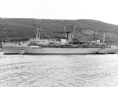 USS Hunley (AS-31) at Holy Loch, Scotland, circa in June 1992 (NH 96831)