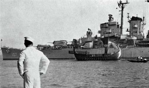 USS Huntington (CL-107) at anchor in Venice, Italy, in 1948