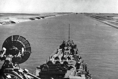 USS Huntington (CL-107) transiting the Suez Canal, in 1948