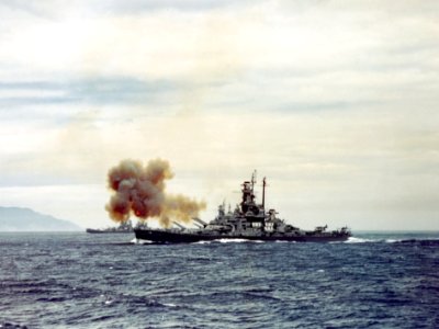 USS Indiana bombarding Kamaishi 14 July 1945 photo