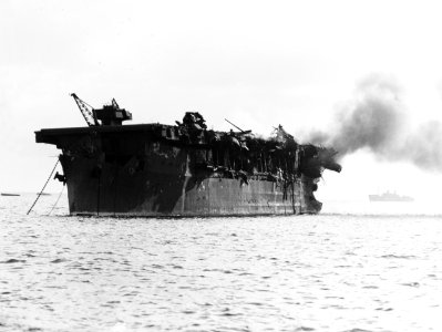 USS Independence (CVL-22) afire after the Able atomic bomb test on 1 July 1946 (80-G-627502)