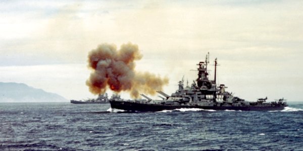 USS Indiana bombarding Kamaishi 14 July 1945 (cropped) photo
