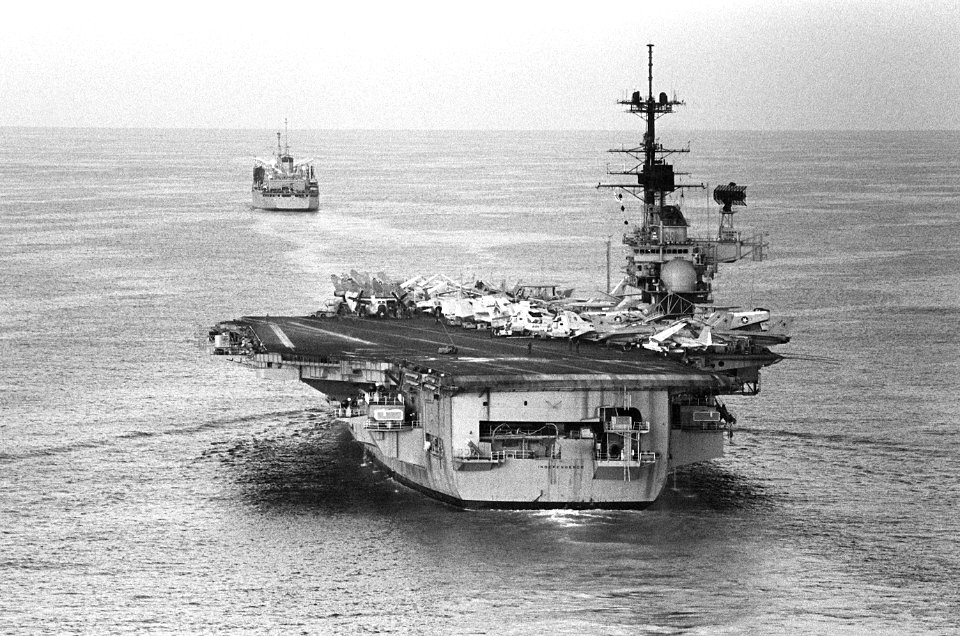 USS Independence (CV-62) underway in the Mediterranean Sea on 8 December 1983