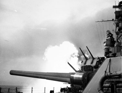 USS Indiana firing on Kamaishi on 9 August 1945 US Navy photo 80-G-339340 photo
