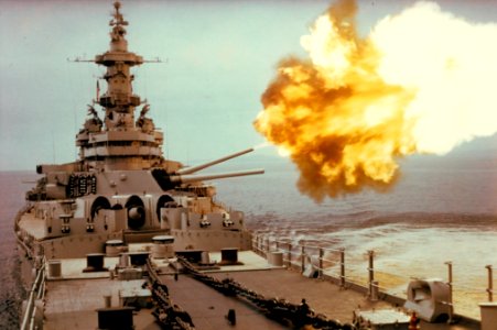 USS Iowa (BB-61) fires at North Korean target in mid-1952