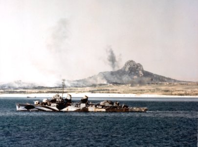 USS Isherwood (DD-520) steams off Ie Shima in April 1945
