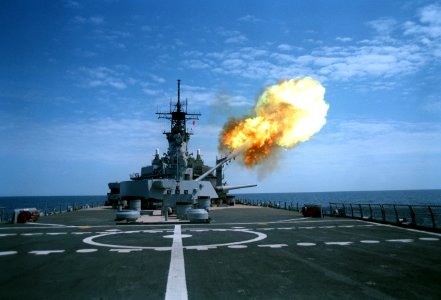USS Iowa firing main gun