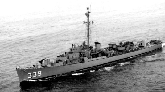 USS John C. Butler (DE-339) underway at sea on 15 August 1955 (80-G-680789)
