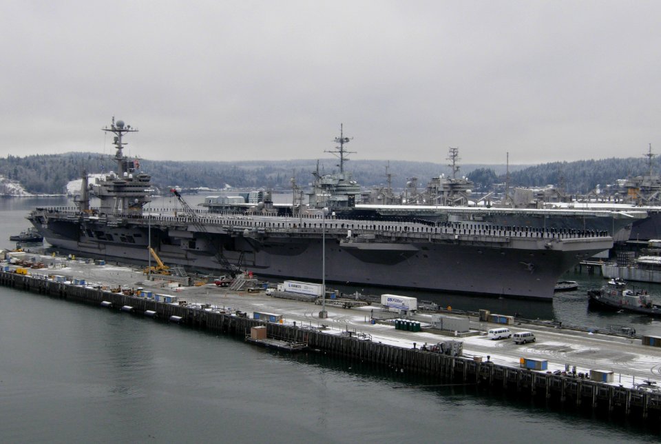 USS John C. Stennis (CVN 74) as the ship pulls out of Naval Base Kitsap