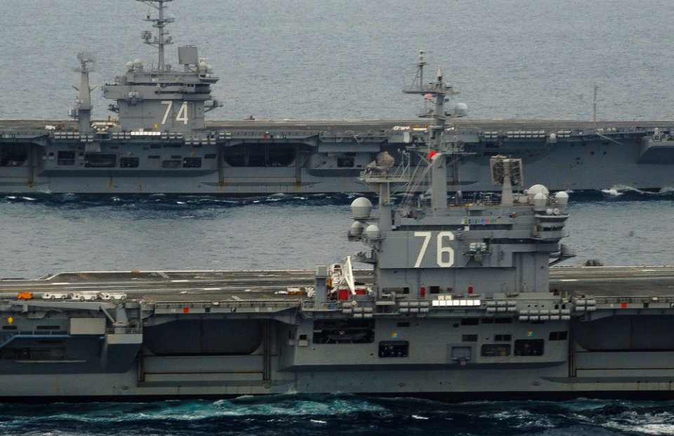 USS John C. Stennis and USS Ronald Reagan are underway off the coast of Southern California. (16934536833)
