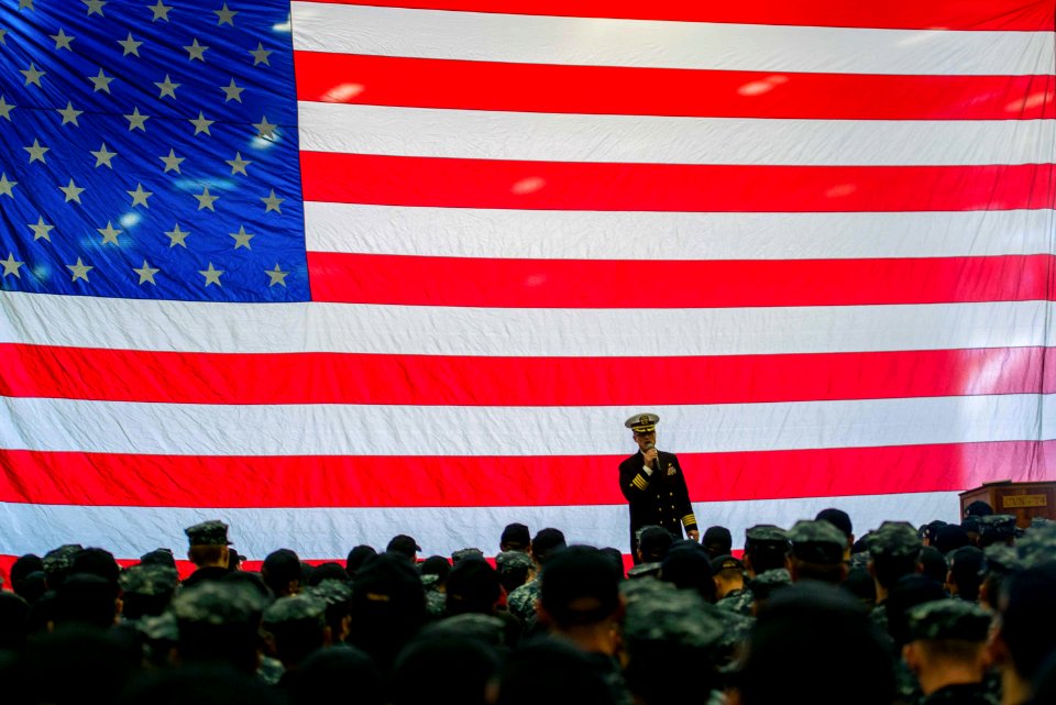 USS John C. Stennis Sailors addressed during all-hands call 150929-N-XX566-018