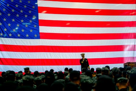USS John C. Stennis Sailors addressed during all-hands call 150929-N-XX566-018