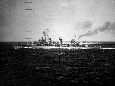 USS John Hood (DD-655) and USS Snowden (DE-246) photographed through a submarine periscope (USN 1042008) photo