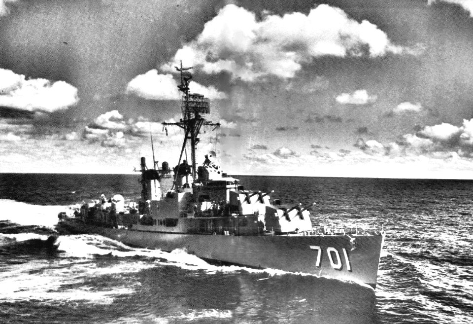 USS John W. Weeks (DD-701) underway at sea in the 1960s