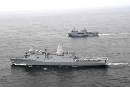USS John P. Murtha (LPD 26) and the Peruvian navy landing platform dock ship BAP Pisco (AMP-156) conduct tactical maneuvers in the eastern Pacific Ocean during UNITAS LXII. (51535611938)