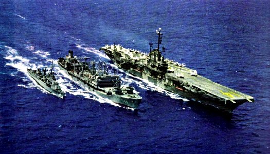 USS Kawishiwi (AO-146) refueling Ticonderoga (CVA-14) and Rogers (DD-876) in 1960