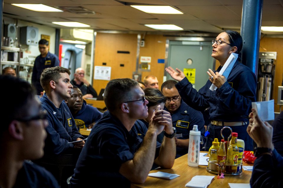 USS Kauffman Sailors learn basic Spanish 150112-N-IG780-316