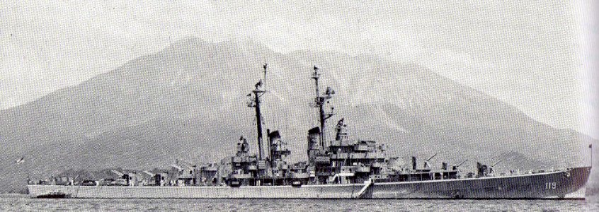 USS Juneau (CLAA-119) at anchor in Kagoshima, Japan, on 25 June 1950 (NH 52364)