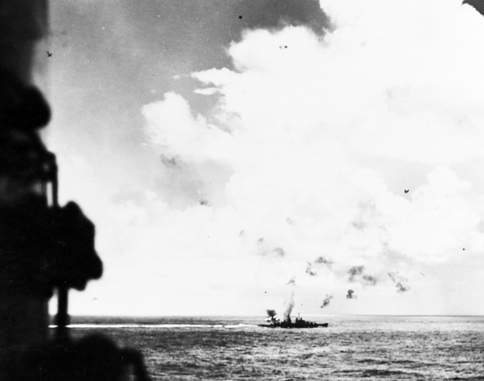 USS Juneau (CL-52) firing at attacking Japanese aircraft on 26 October 1942 (80-G-33331)