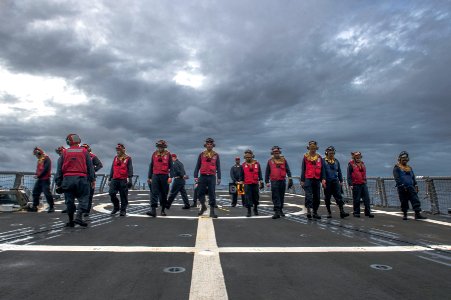 USS Kauffman Sailors conduct a foreign object damage walk-down 150113-N-IG780-016