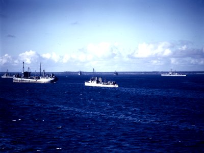 USS Kanawha (AO-1), USS San Juan (CL-54) and USS Barker (DD-213) at anchor off Tongatabu, circa in July 1942 (80-G-K-526)