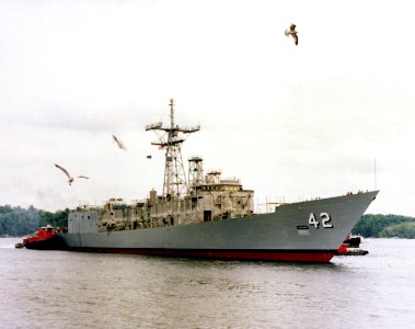 USS Klakring (FFG-42) after her launch at Bath Iron Works, Maine (USA), 18 September 1982 (6405075)