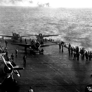 USS Kitkun Bay (CVE-71) prepares to launch Grumman FM-2 Wildcats of VC-5 during the Battle off Samar, 25 October 1944 (80-G-287497)
