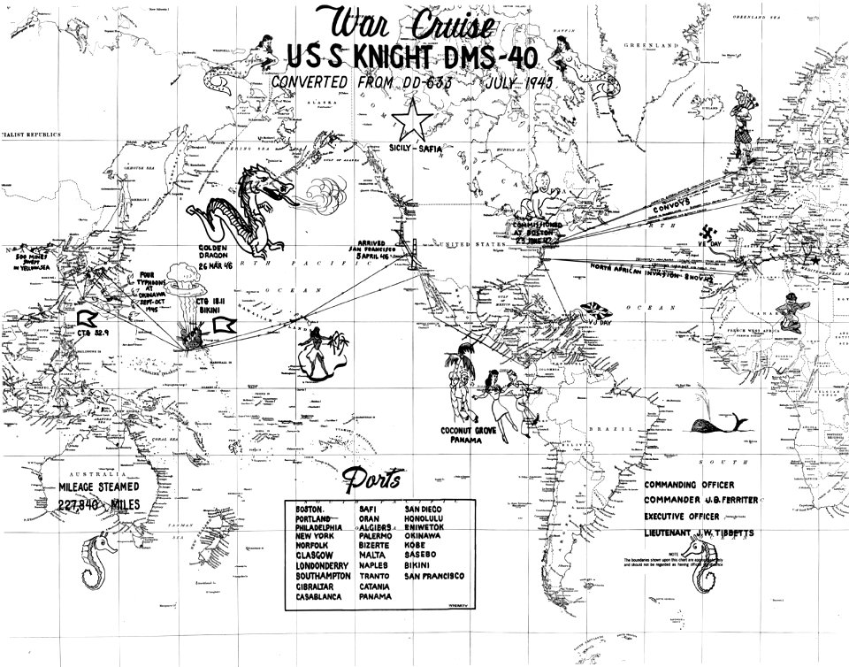 USS Knight (DD-633) World War II war cruises map (UA 571.24)