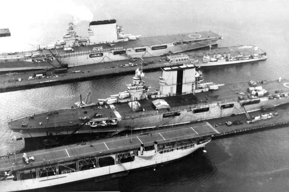 USS Langley (CV-1), USS Saratoga (CV-3) and USS Lexington (CV-2) docked at the Puget Sound Naval Shipyard, circa 1930 (NH 95037)