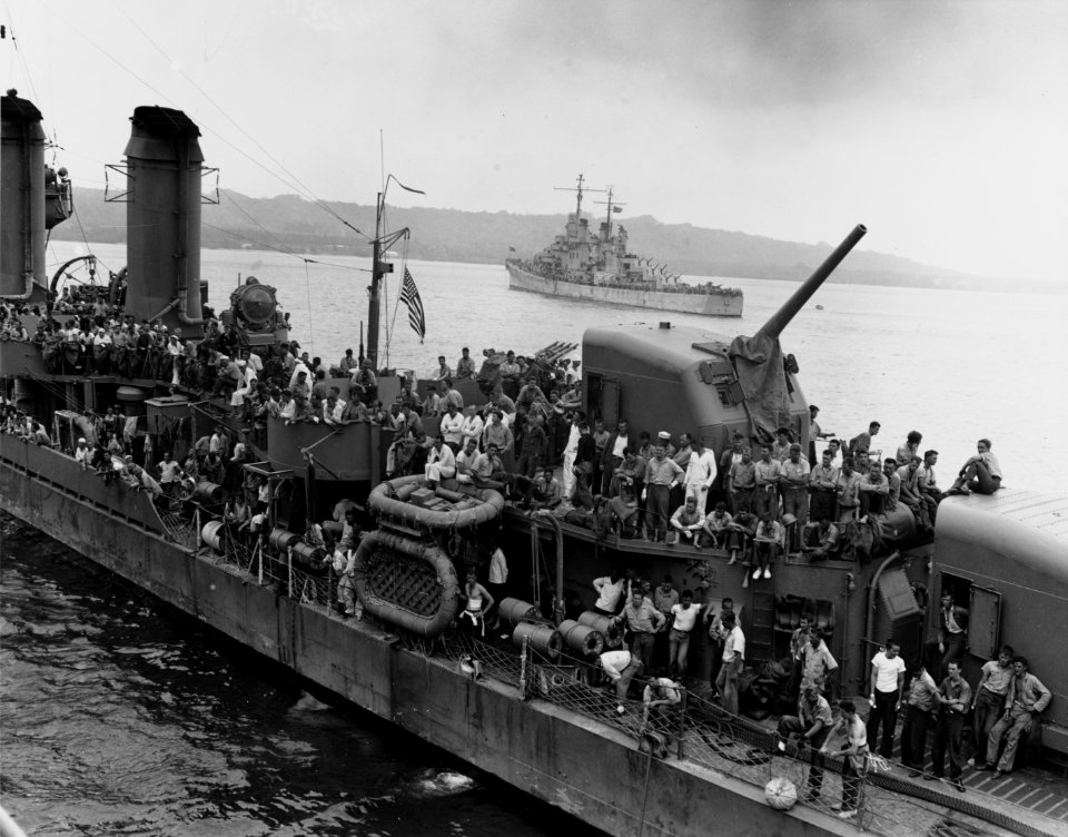USS Laffey (DD-459) in harbour with survivors of USS Wasp (CV-7) on board, in September 1942 (NH 97866)