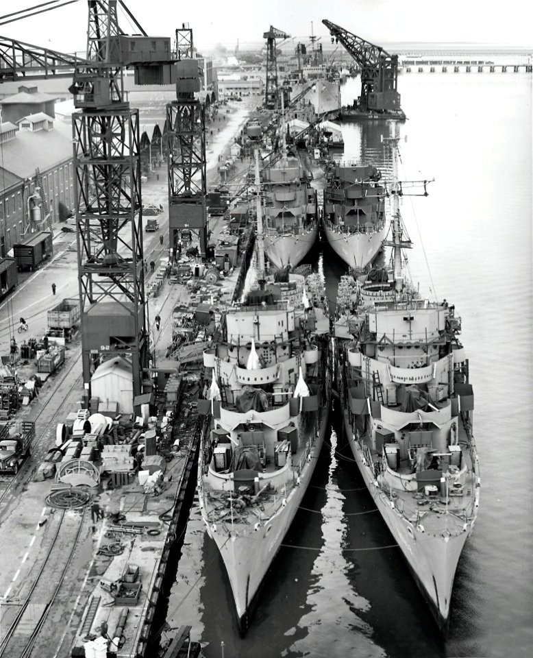 USS Lake (DE-301), USS Lyman (DE-302), USS Crowley (DE-303) and USS Rall (DE-304) fitting out at the Mare Island Naval Shipyard on 10 January 1944 (19-N-86023)