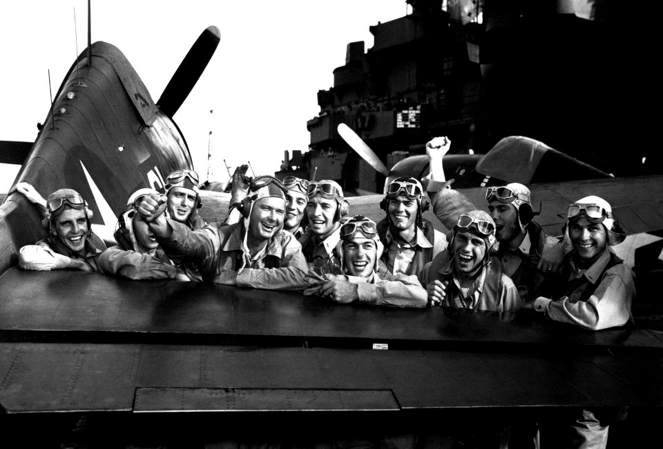 USS Lexington (CV-16) pilots celebrate aerial victories 1943-11