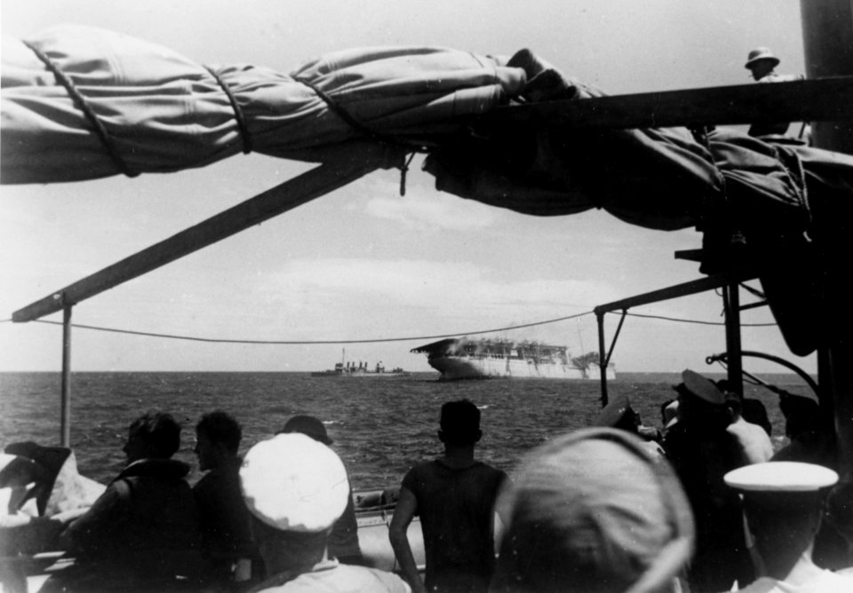 USS Langley (AV-3) being abandoned south of Java on 27 February 1942 (NH 92472)