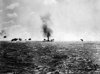 USS Lexington (CV-2) hit and burning during the Battle of the Coral Sea, 8 May 1942 (80-G-7414)
