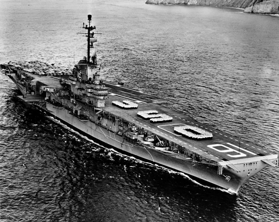 USS Lexington (CVA-16) arriving in San Francisco Bay, circa early 1958 (NH 97496)
