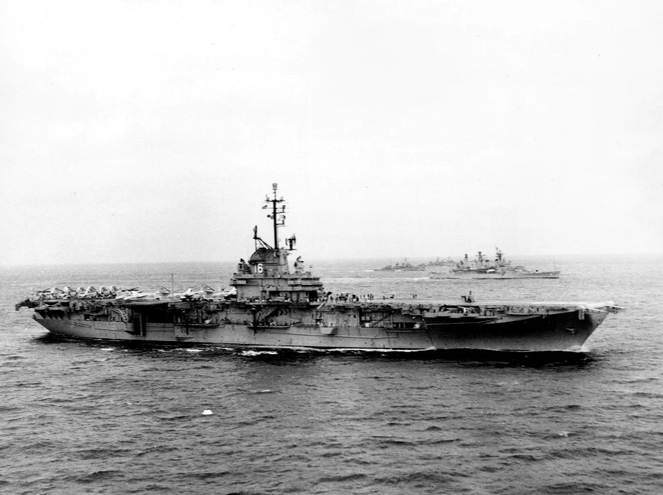 USS Lexington (CVA-16) underway with escorts 1961