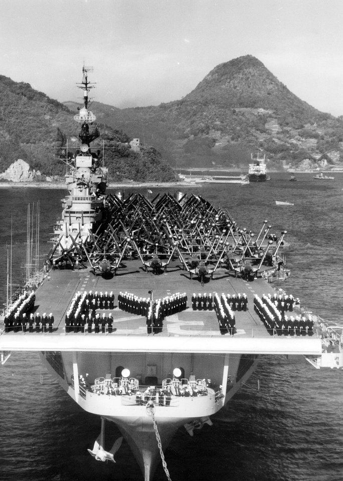 USS Leyte (CV-32) bow Sasebo 1950